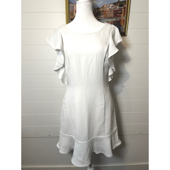 BCBG White Mini Dress Ruffle Flutter Sleeve Cocktail Party Fit Flare NWT - Picture 3 of 13